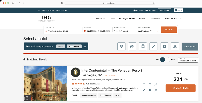 IHG personalized hotel booking screen
